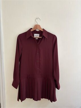 Aritzia Sunday Best Yale Burgundy Pleated Shirt Dress
